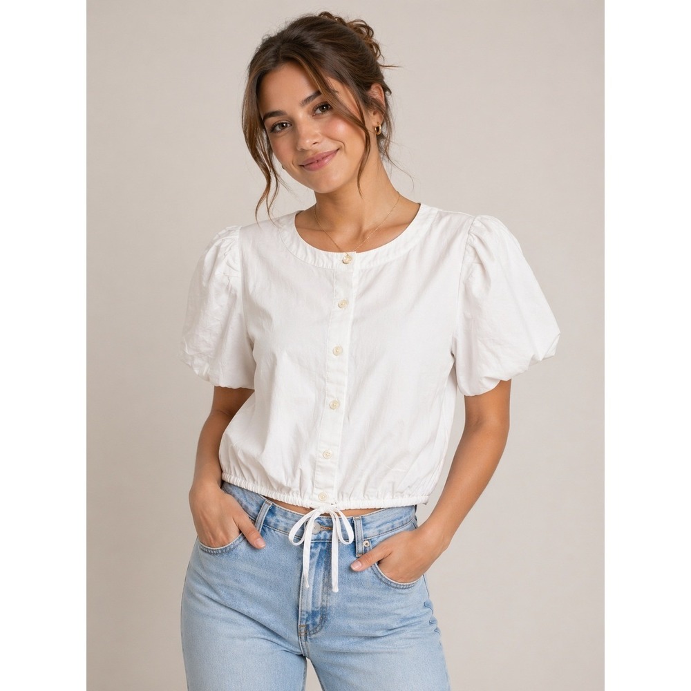 J.Crew Factory Puff‎ Sleeve Top White Poplin Minimalist Cottagecore Coastal XS